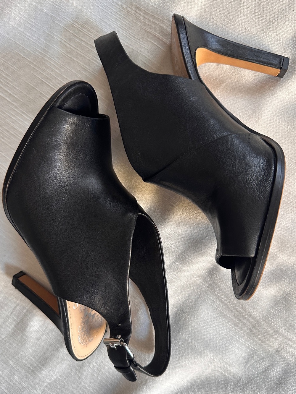 VINCE CAMUTO “Ledinla” Soft Black Leather Peep Toe Slingback Sandals | 8 - Picture 10 of 13